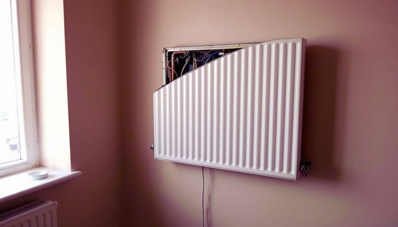 A crooked designer radiator with misaligned brackets on the wall.