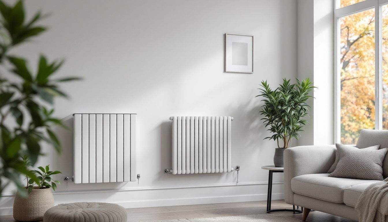 A modern living room with a stylish wall-mounted designer radiator.