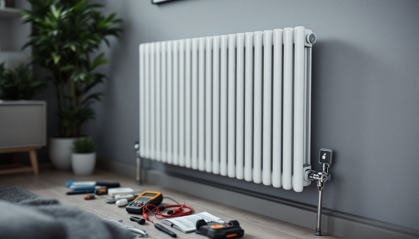 Close-up photo of a white designer radiator with installation tools.