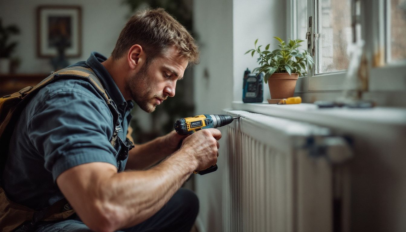 A man in his mid-30s is installing radiator brackets in his living room.