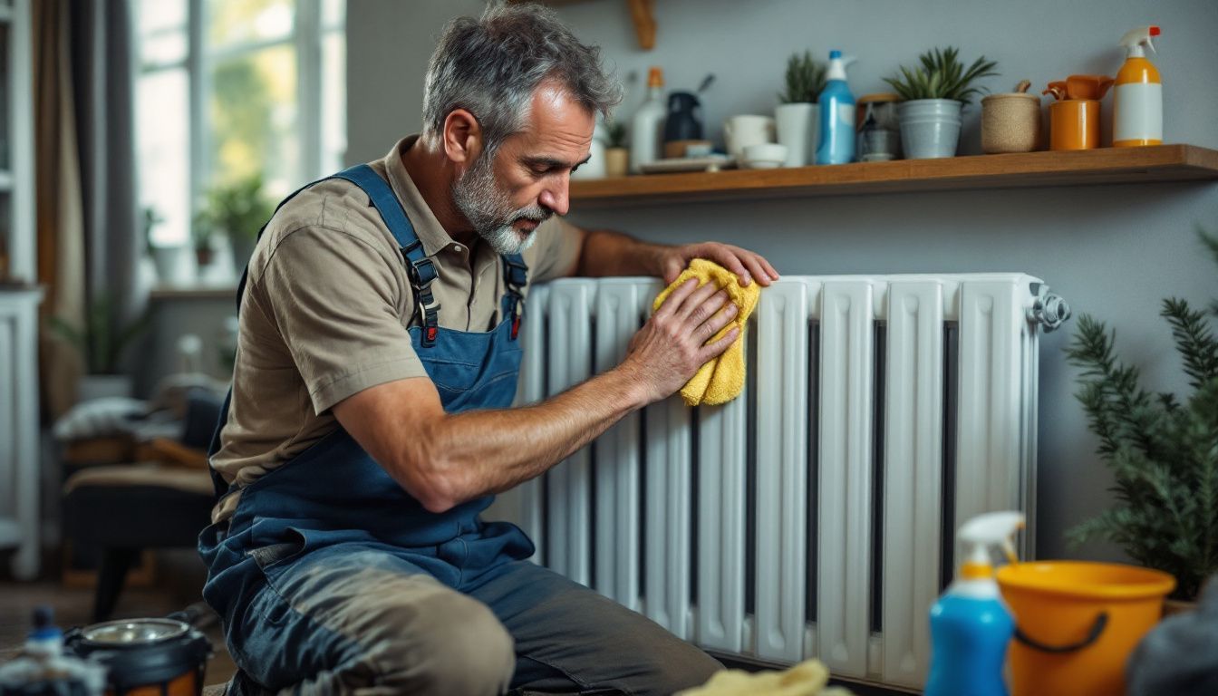 A middle-aged man in work overalls cleaning a designer radiator at home.