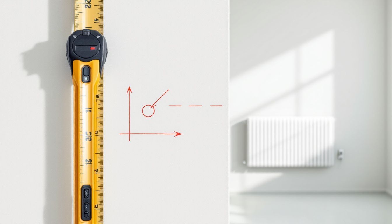 A tape measure is used to mark a drilling spot on a white wall in a modern living room.