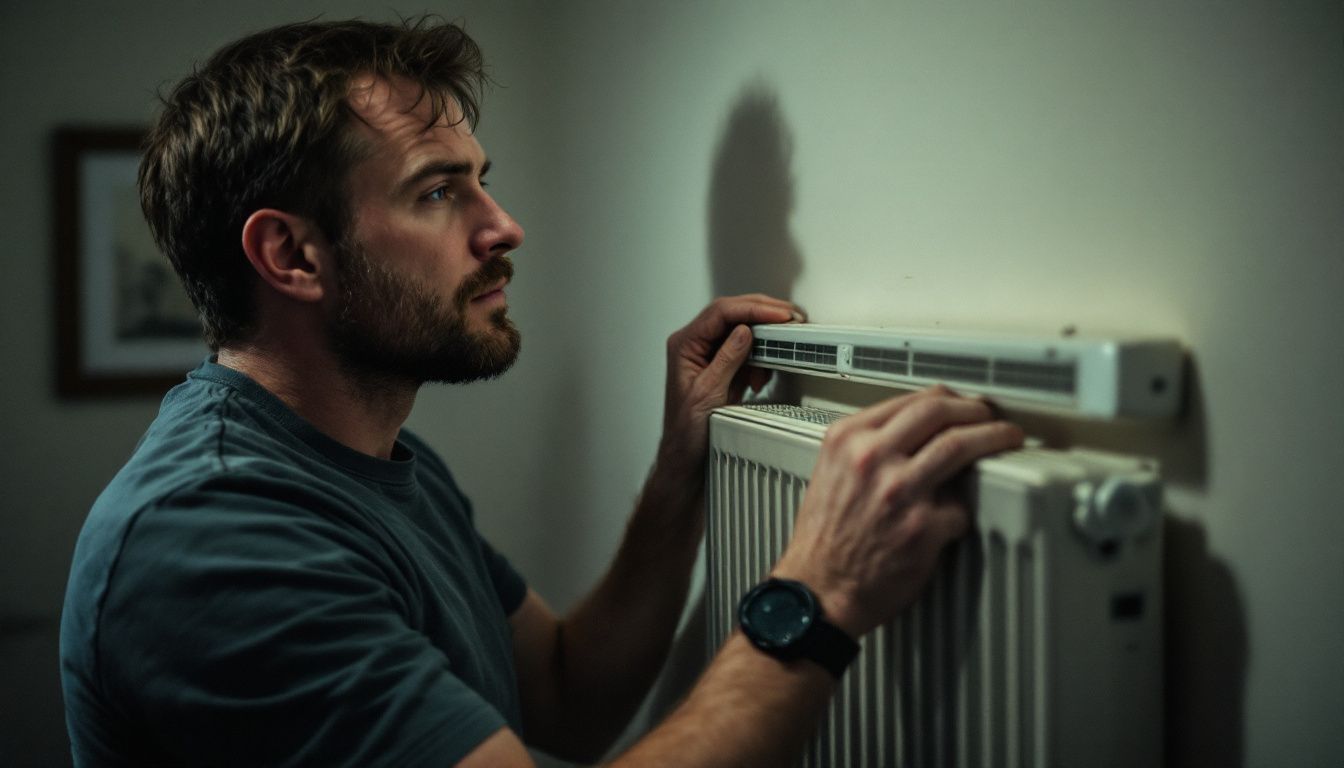 A man in his 30s is mounting a radiator in a room.