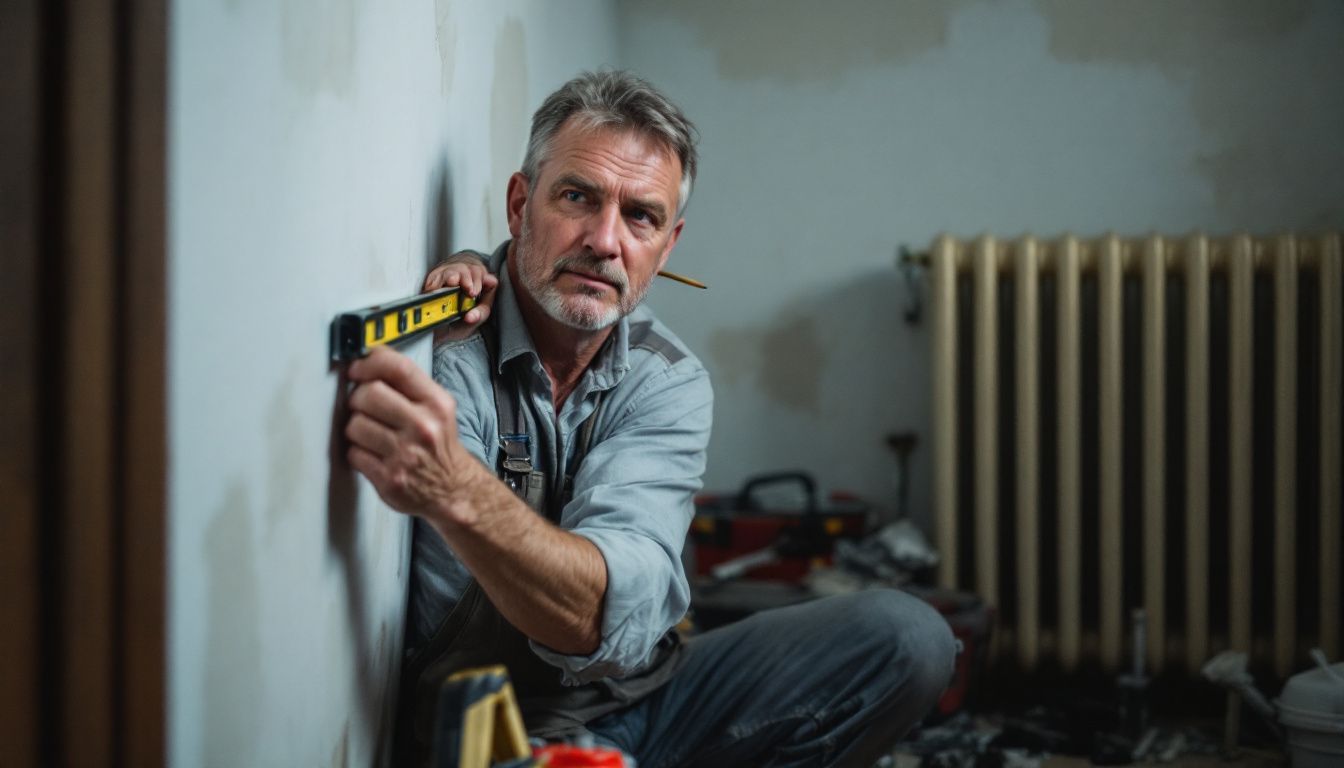 A middle-aged man measures a wall for installation with tools.