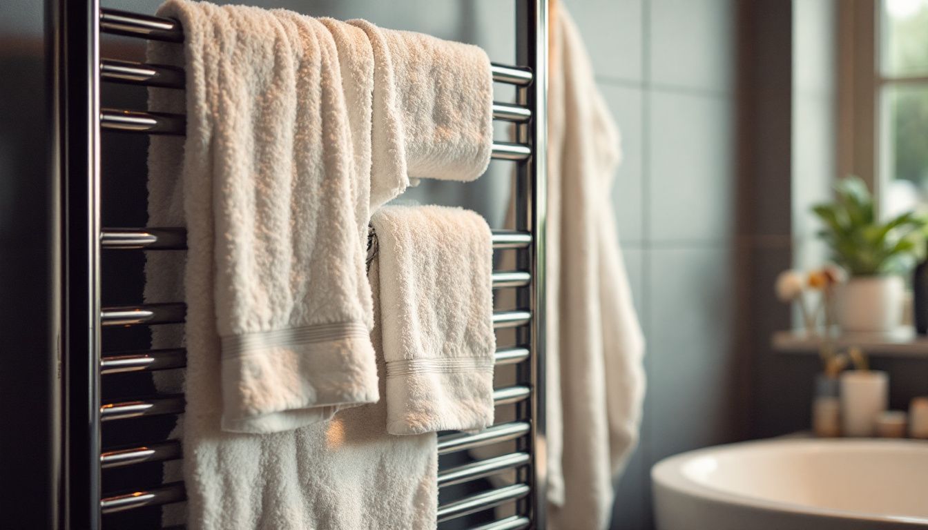 A modern bathroom with Zehnder Metropolitan Towel Radiator warming towels.