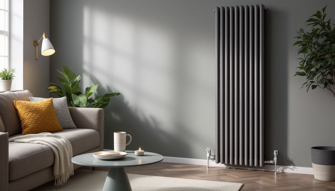 A modern living room featuring a Reina Bonera Vertical Radiator.