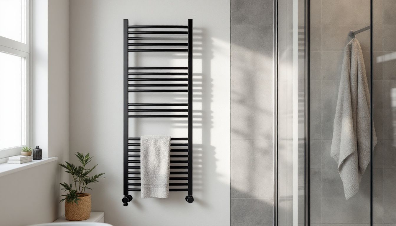 The modern bathroom features a sleek black towel rail radiator.