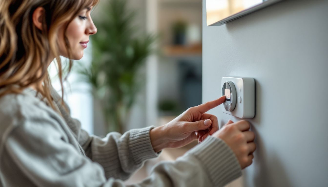 A woman adjusts a programmable timer on an eco-friendly radiator.