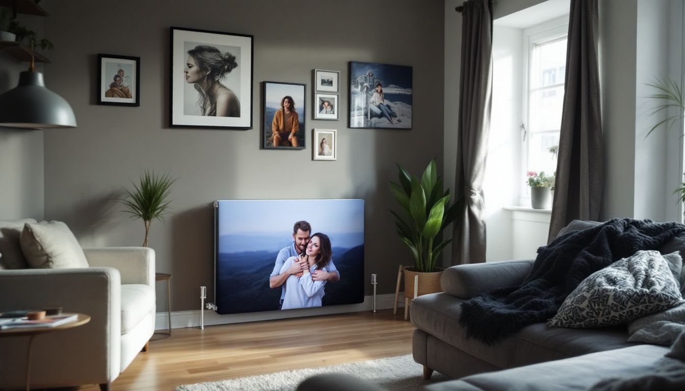 A modern living room with a custom-printed radiator as a personalized touch.