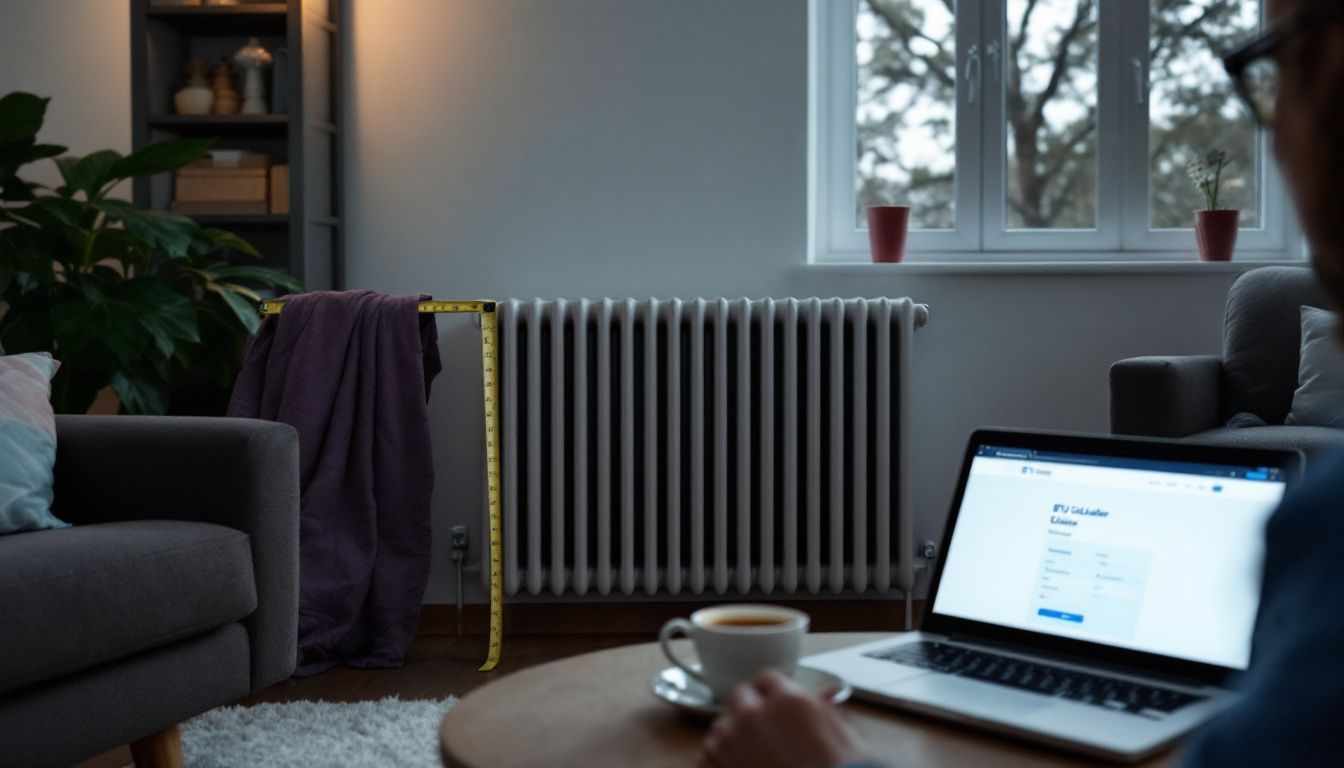 A living room with a designer radiator being measured for size.