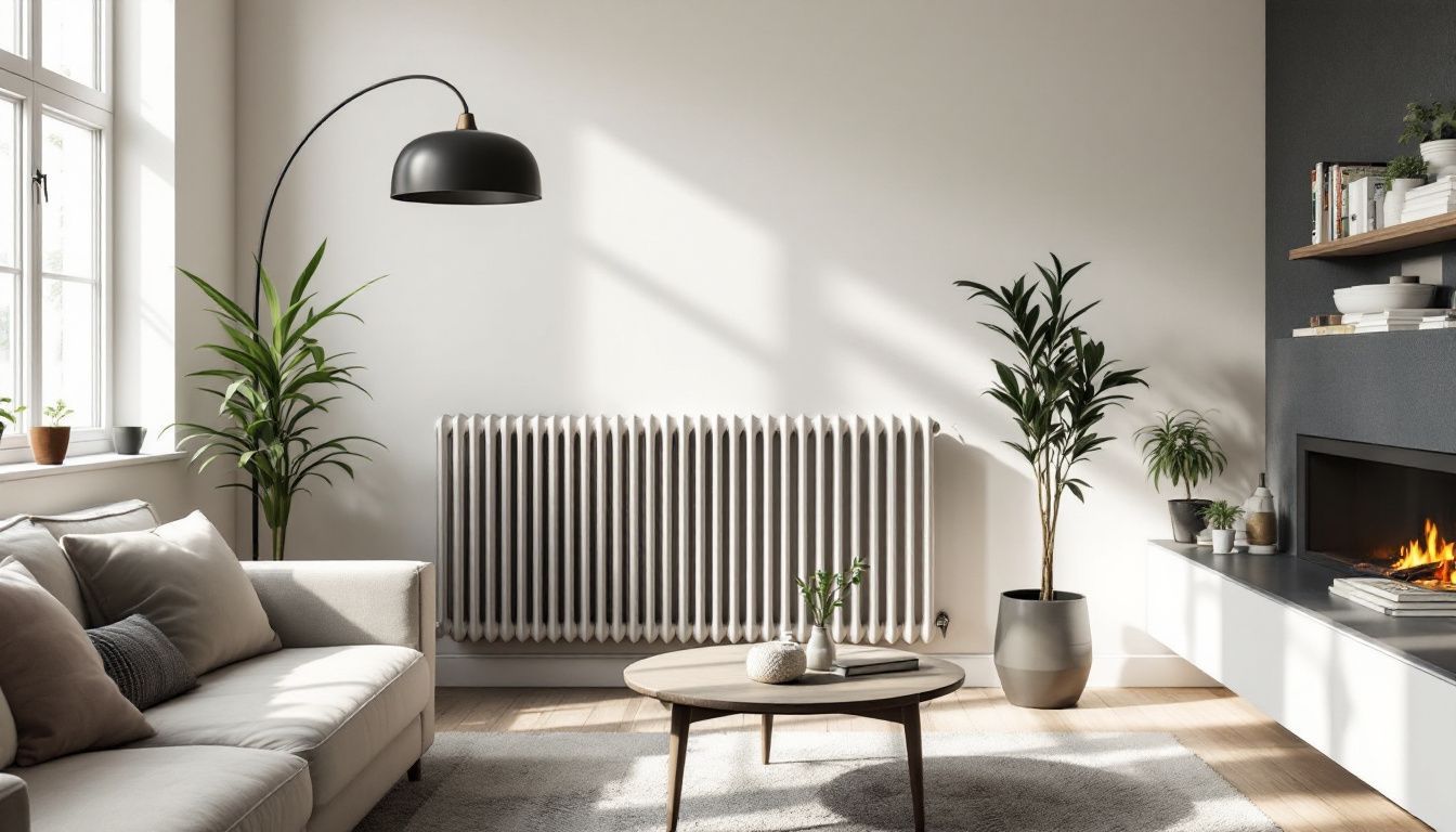 A modern living room with a sleek custom-designed radiator as the focal point.