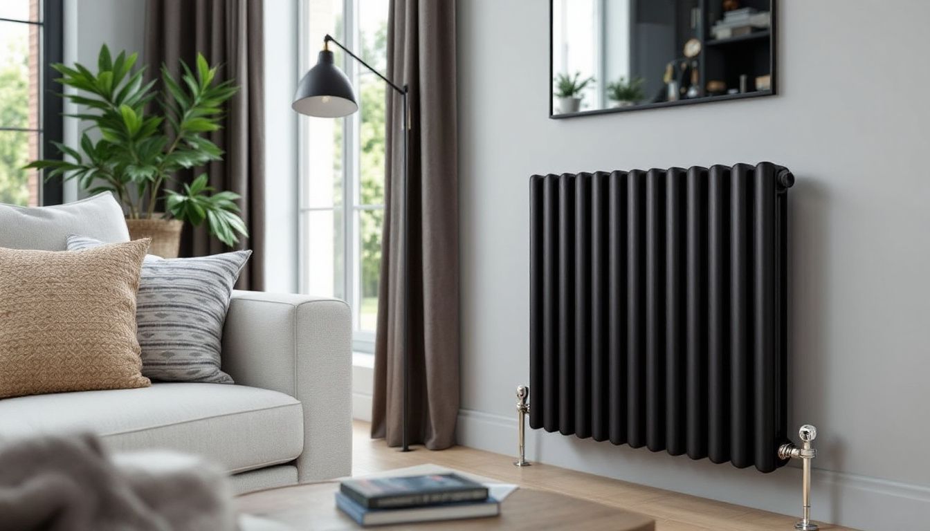 A modern living room with a sleek black designer radiator.