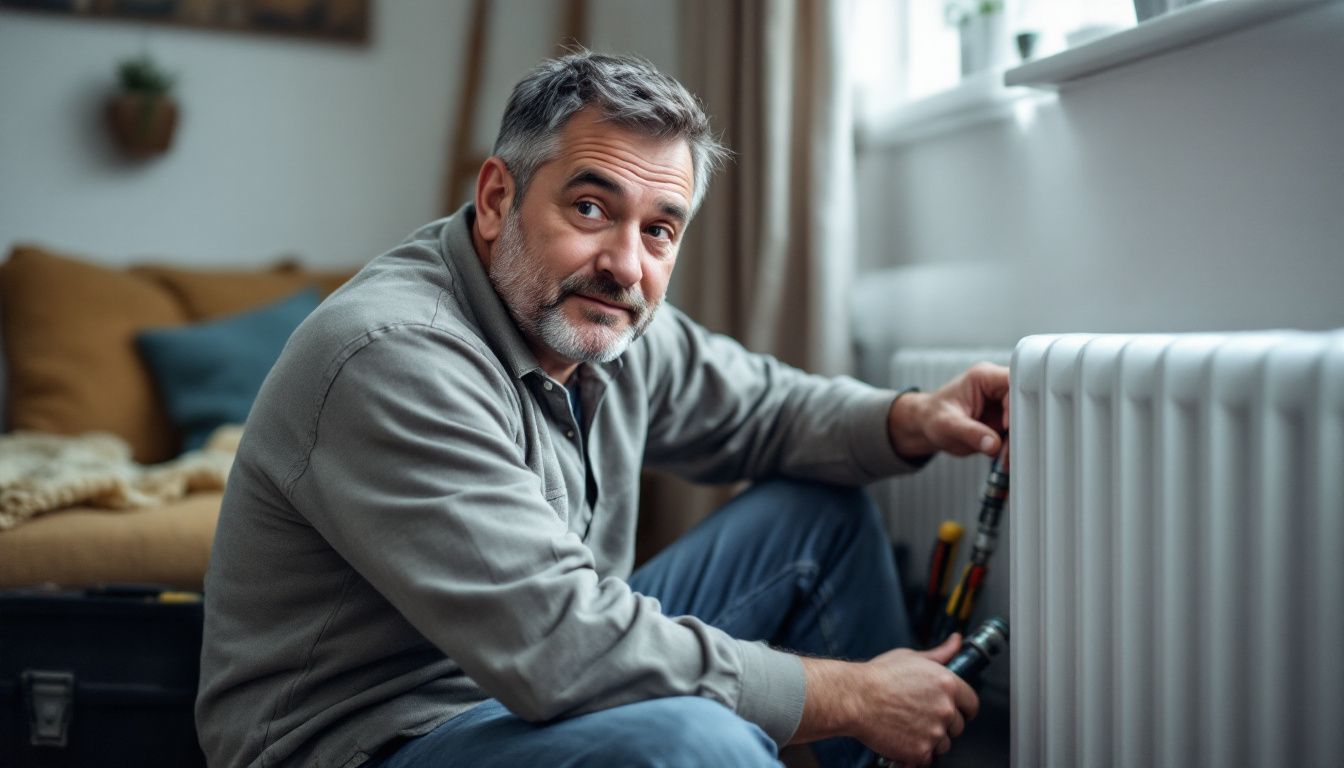 A man bleeding a radiator in a cozy living room.