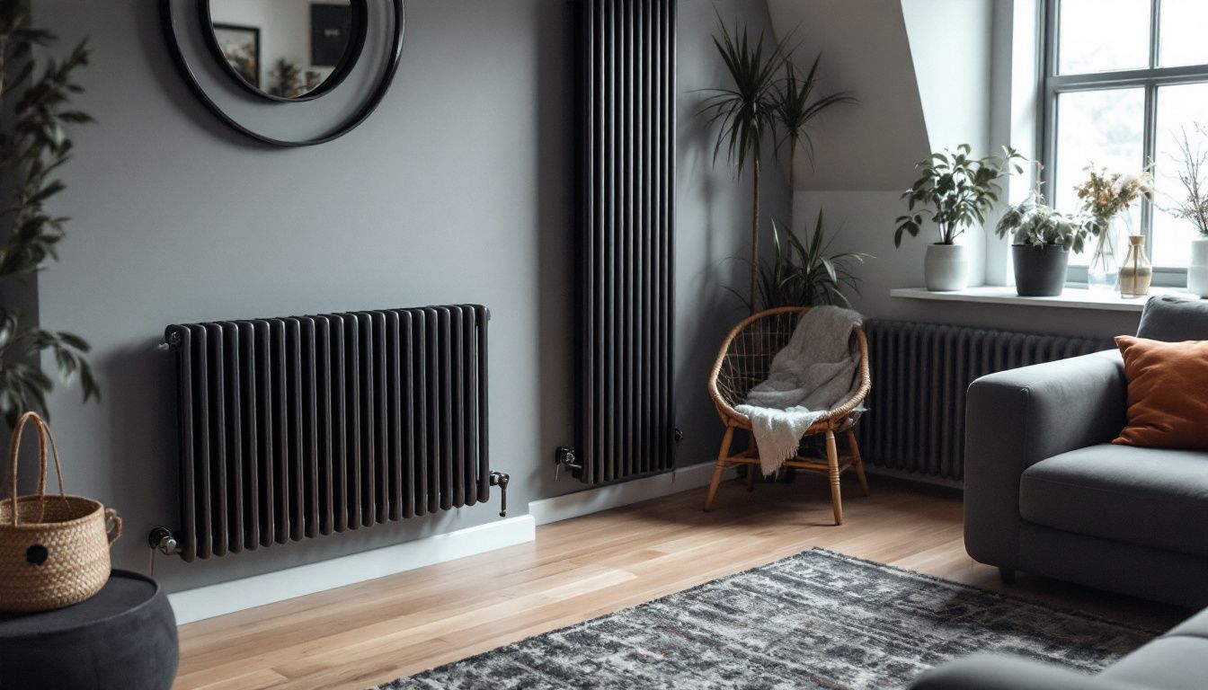 A modern living room with a sleek vertical radiator and outdated horizontal radiator.