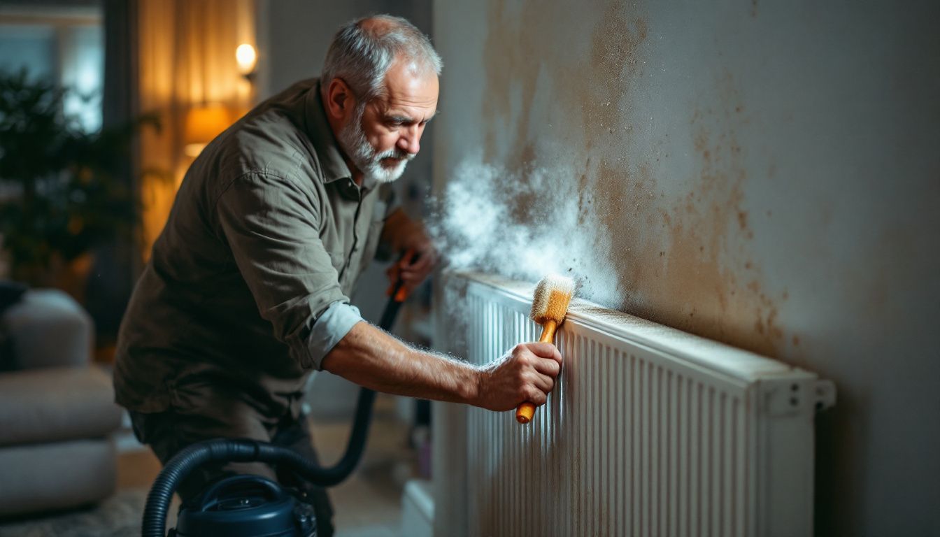 A man cleaning a dusty radiator in a tidy living room.