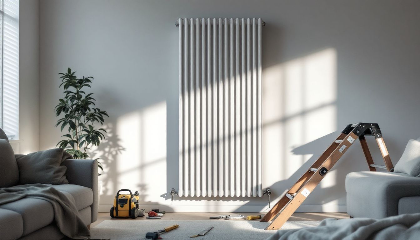 A vertical radiator being installed on a white living room wall.