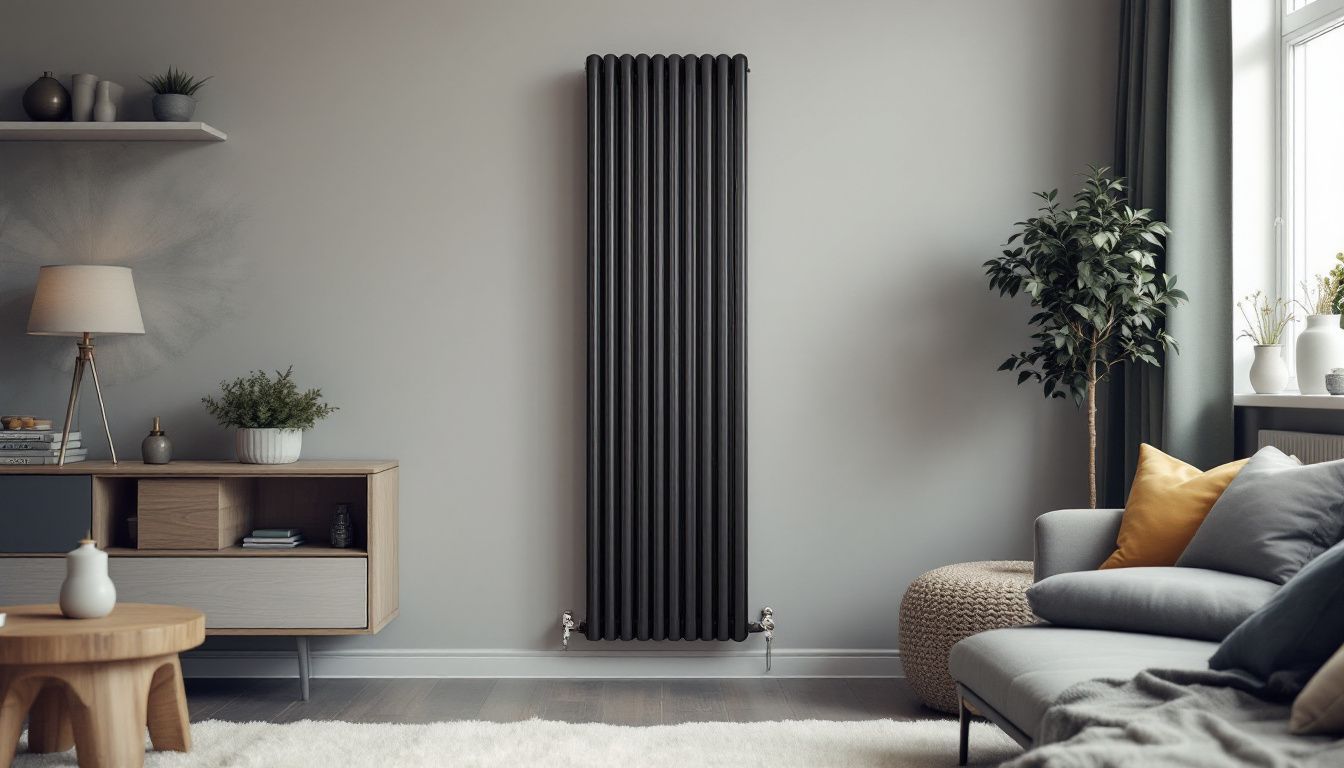 A modern living room with a sleek vertical designer radiator as the main focus.