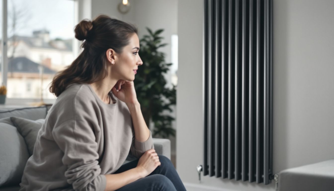 A woman looks at a modern designer radiator in a minimalist living room.