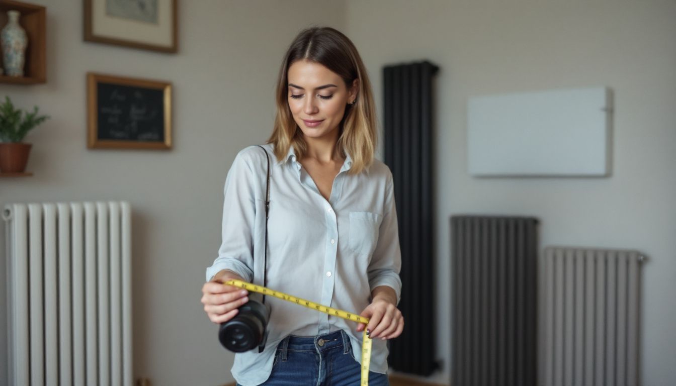 A woman measures living room dimensions with tape measure amidst radiators.