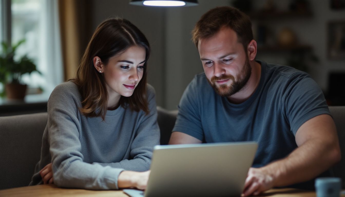 A couple uses a laptop to choose a vertical radiator for their living room.