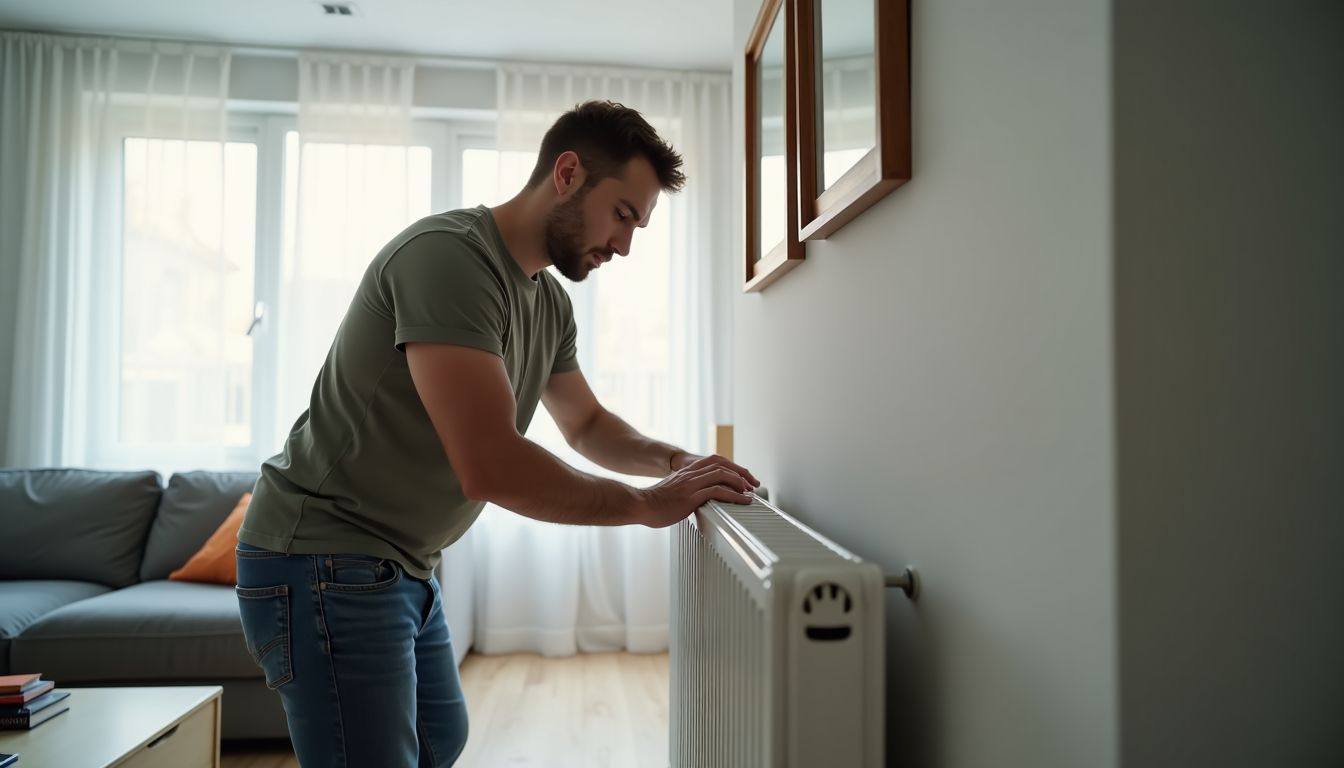 A man in his mid-30s is working on a flat panel radiator in a modern living room.