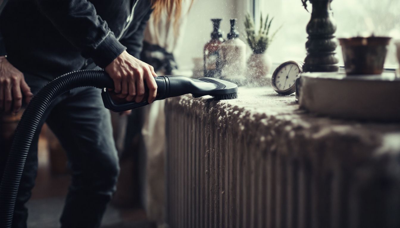 A person cleaning a dusty radiator in a cosy home.