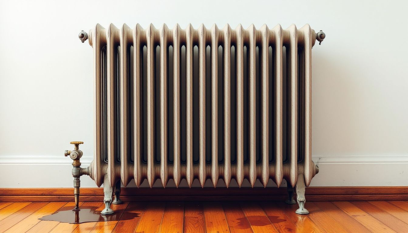 An old-fashioned radiator with a bleed valve in a bright room.