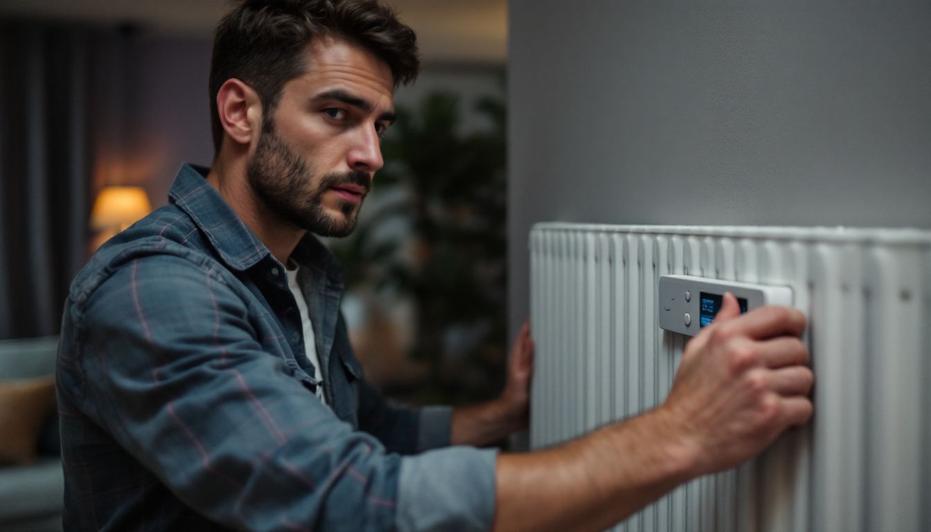 A man in his 30s adjusting a column radiator in a cozy living room.