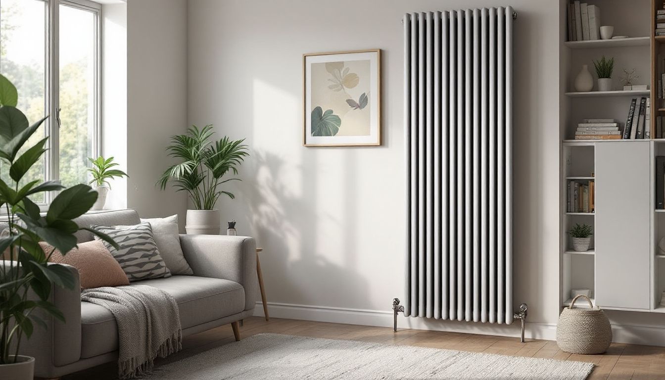 A stylish, large column radiator adds practicality and modern design to the living room.