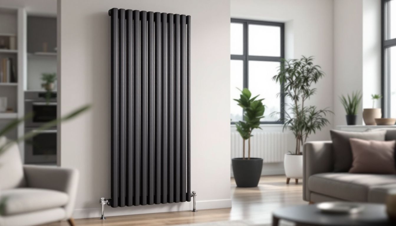 A modern living room with a sleek vertical column radiator as the focal point.