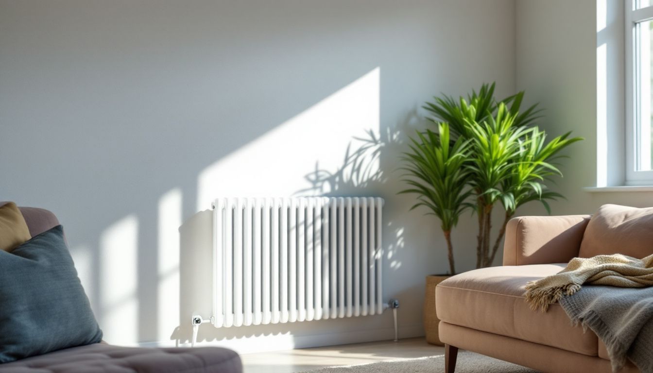 A modern living room with sleek aluminum radiator and smart heating controls.