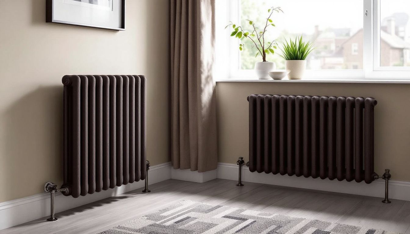 A modern living room with stylish, energy-efficient radiators creates a casual atmosphere.