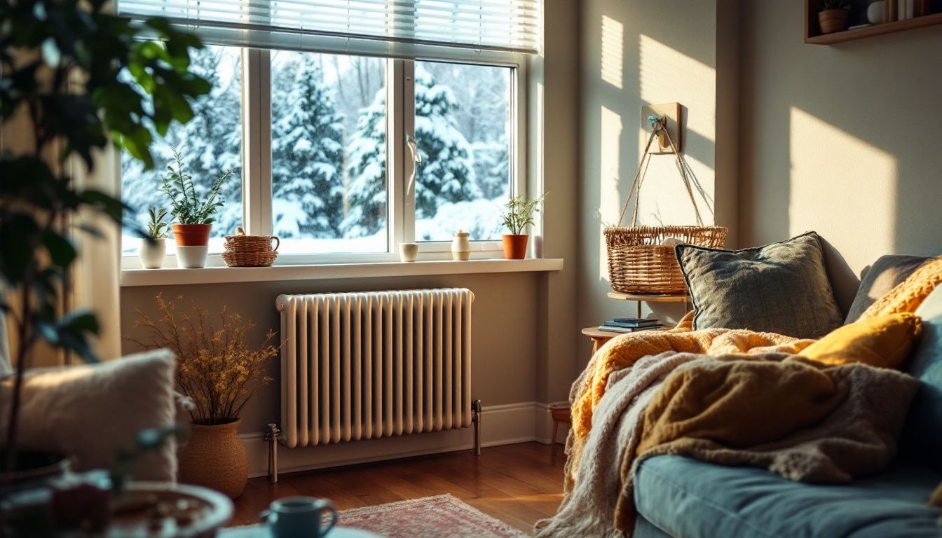 A cozy living room corner with a warm radiator on a cold day.