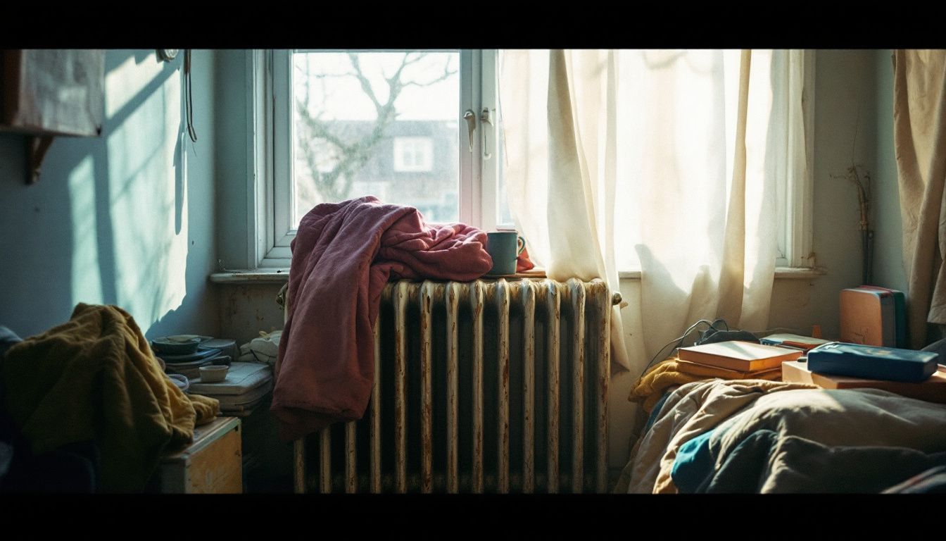 An old, rusted radiator in a cluttered, dimly-lit room.