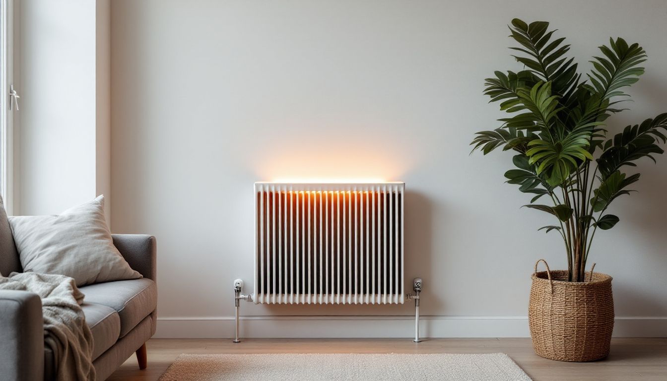 A modern mini radiator adds a cozy touch to a minimalist living room.