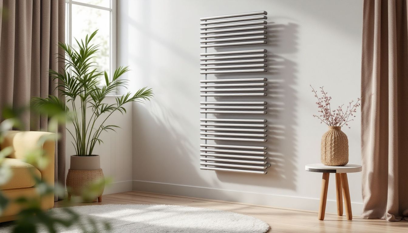 A modern living room with a sleek eco-friendly aluminium radiator.