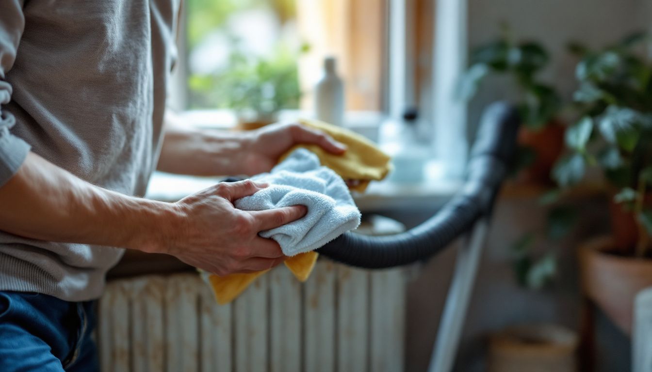 An adult cleaning a radiator in a cozy living room.