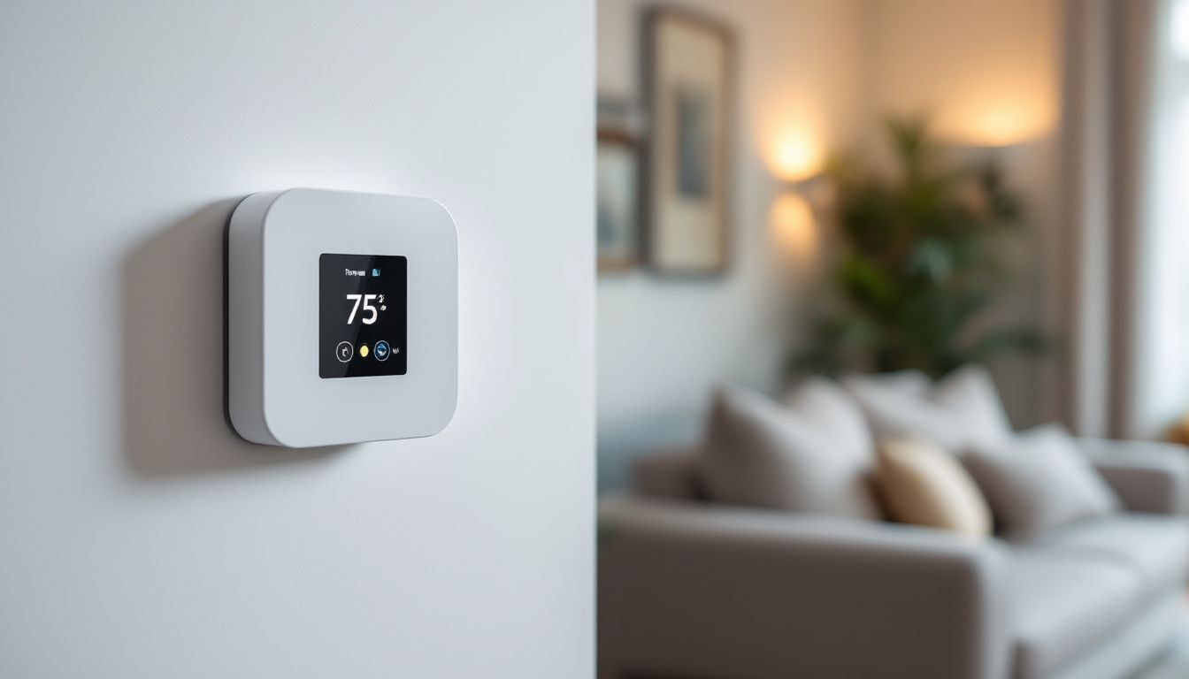 A smart thermostat installed on a white wall in a living room.