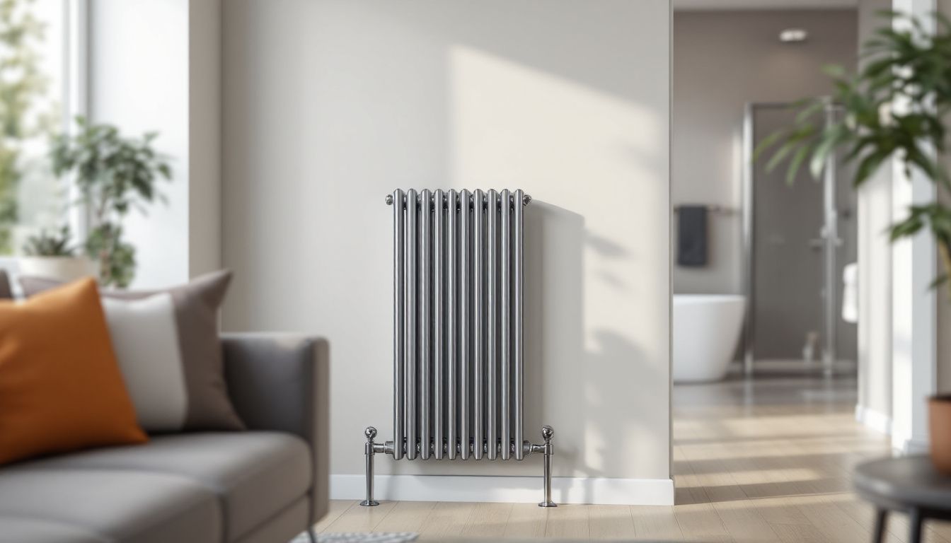 A modern living room with stylish aluminum and chrome radiators.