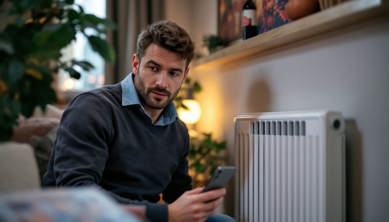 A man is working on a sleek, modern radiator in a contemporary living room.