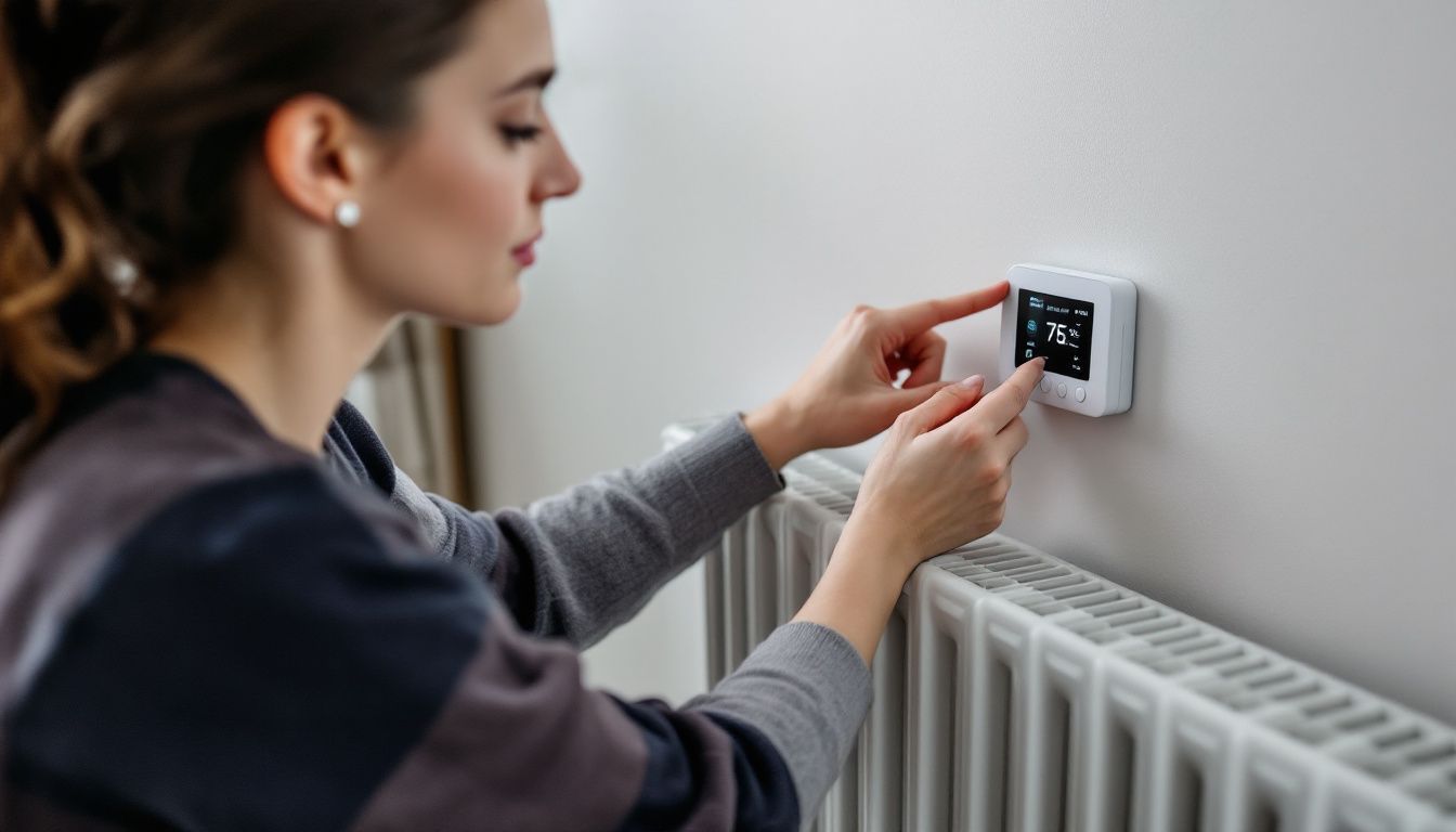 A woman adjusts a modern radiator thermostat in a contemporary living room.