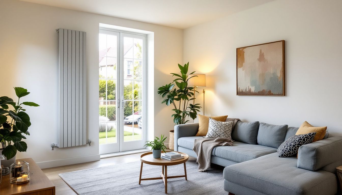 A modern living room featuring stylish and efficient vertical radiators.