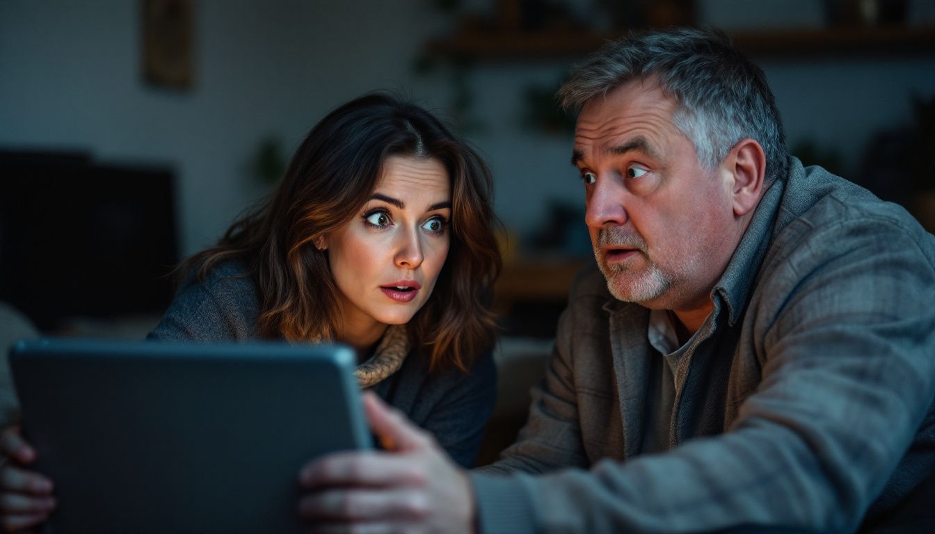 A surprised couple compares old and modern heating appliances.