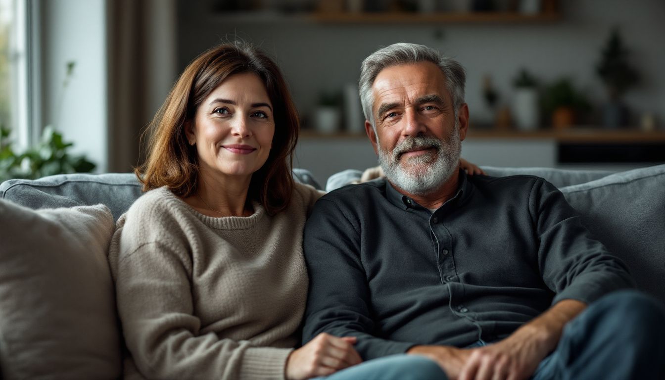 A middle-aged couple enjoying the warmth of eco-friendly electric designer radiators.