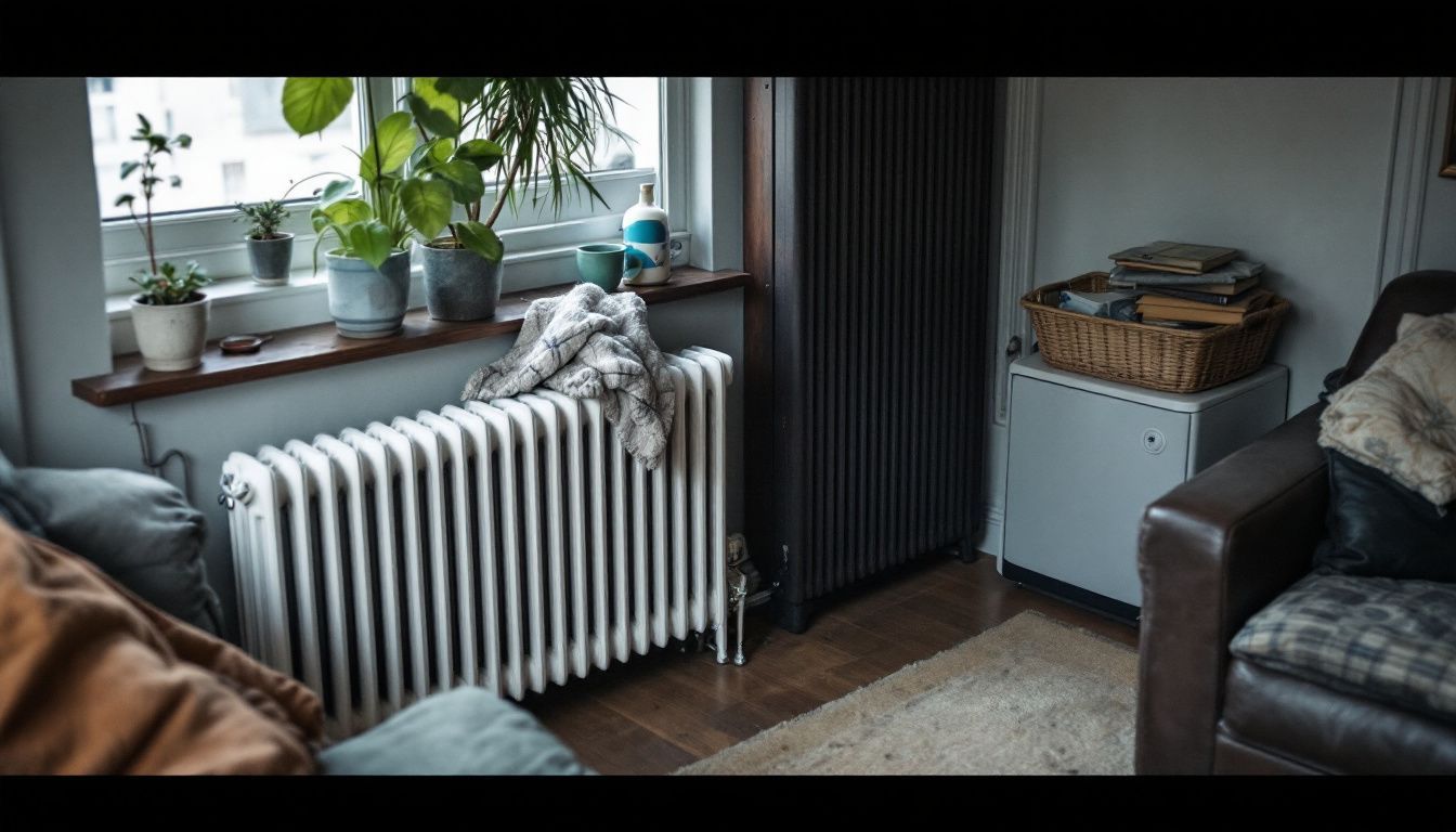 A cluttered living room with mismatched furniture and contrasting radiators.