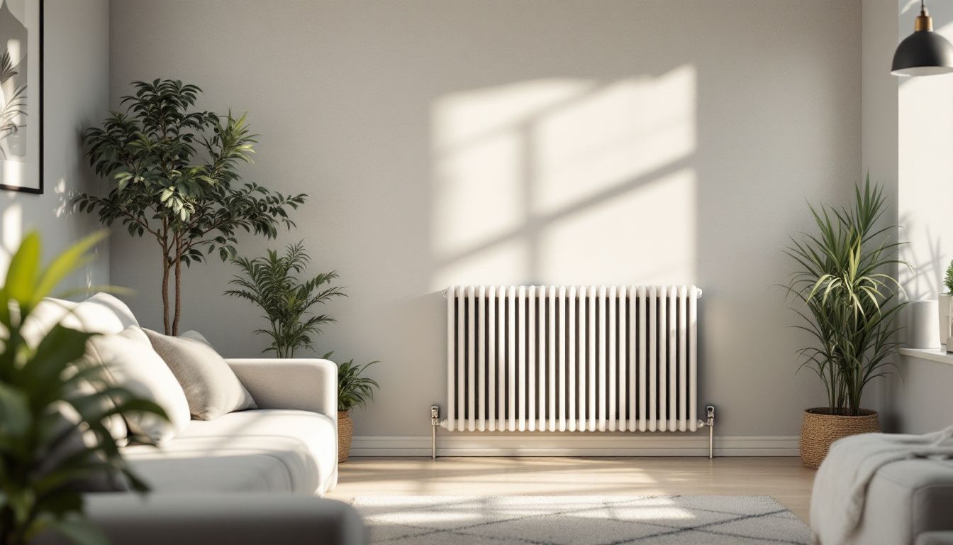 The image shows a modern living room with a stylish and efficient electric designer radiator.