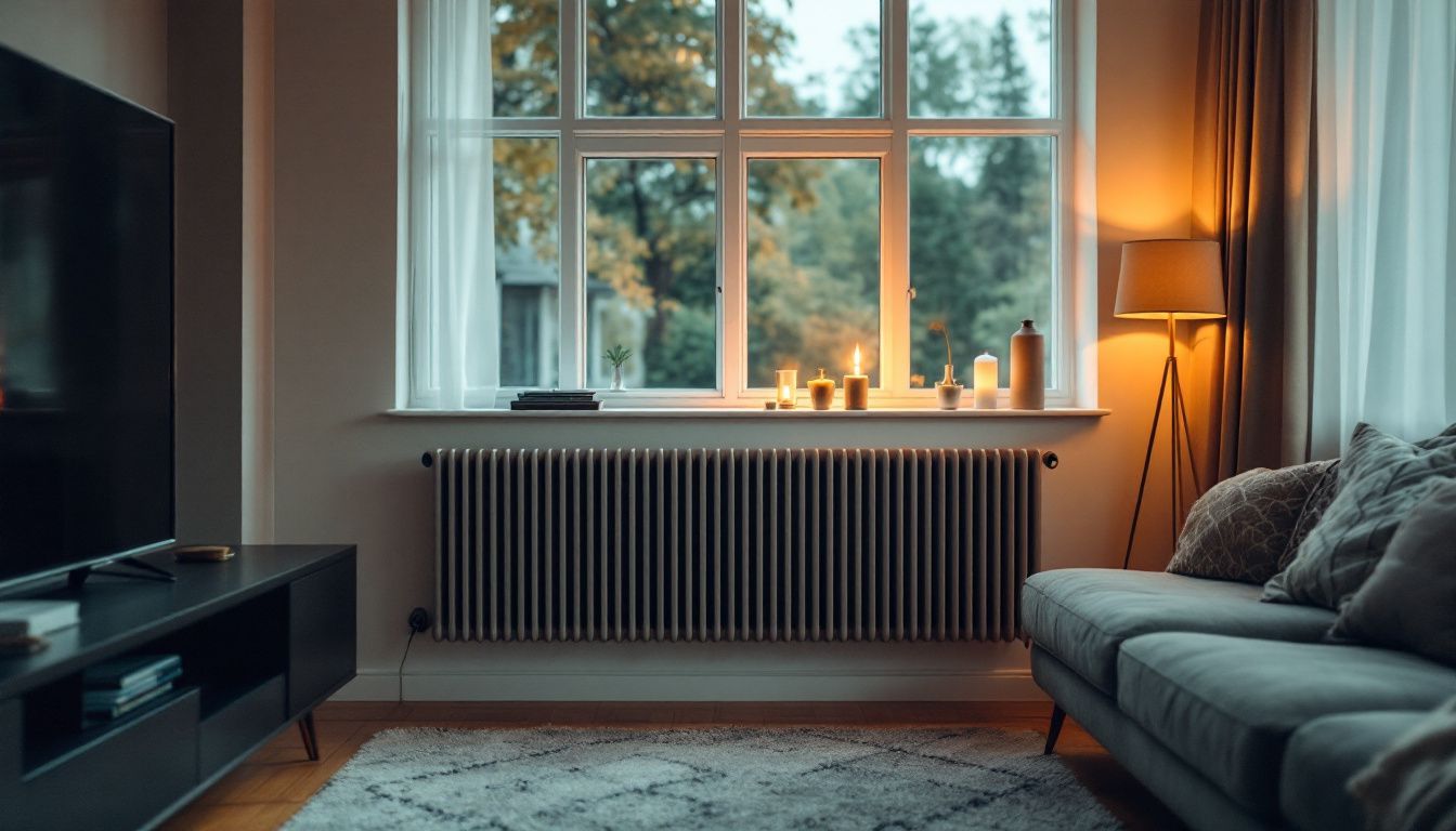 A stylish living room with modern electric designer radiator and elegant decor.