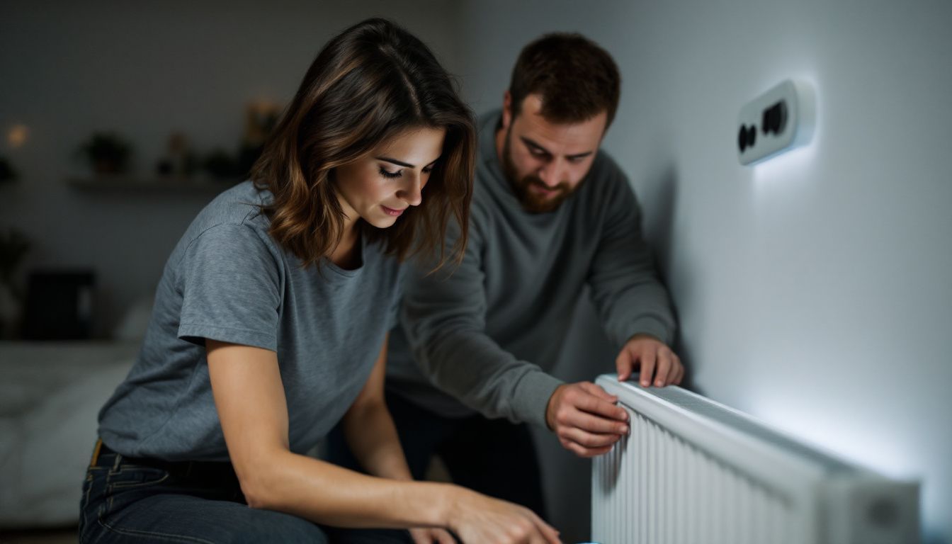 A couple in their 30s installing an electric designer radiator at home.