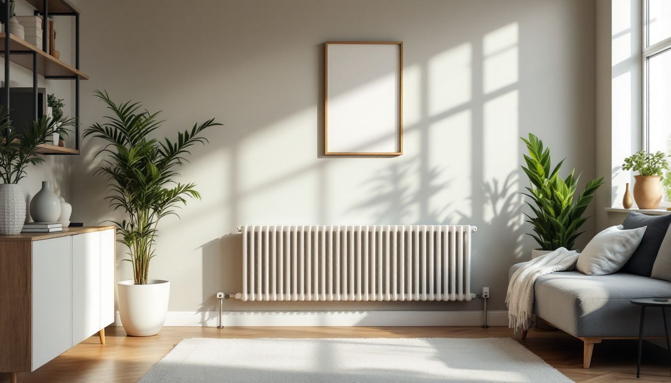 A modern living room with stylish decor and a contemporary radiator.