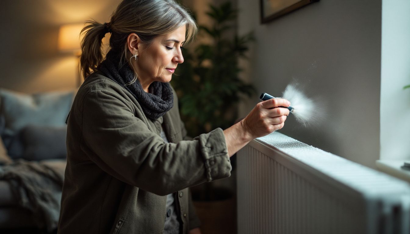 A woman cleaning dust off her electric designer radiator in living room.